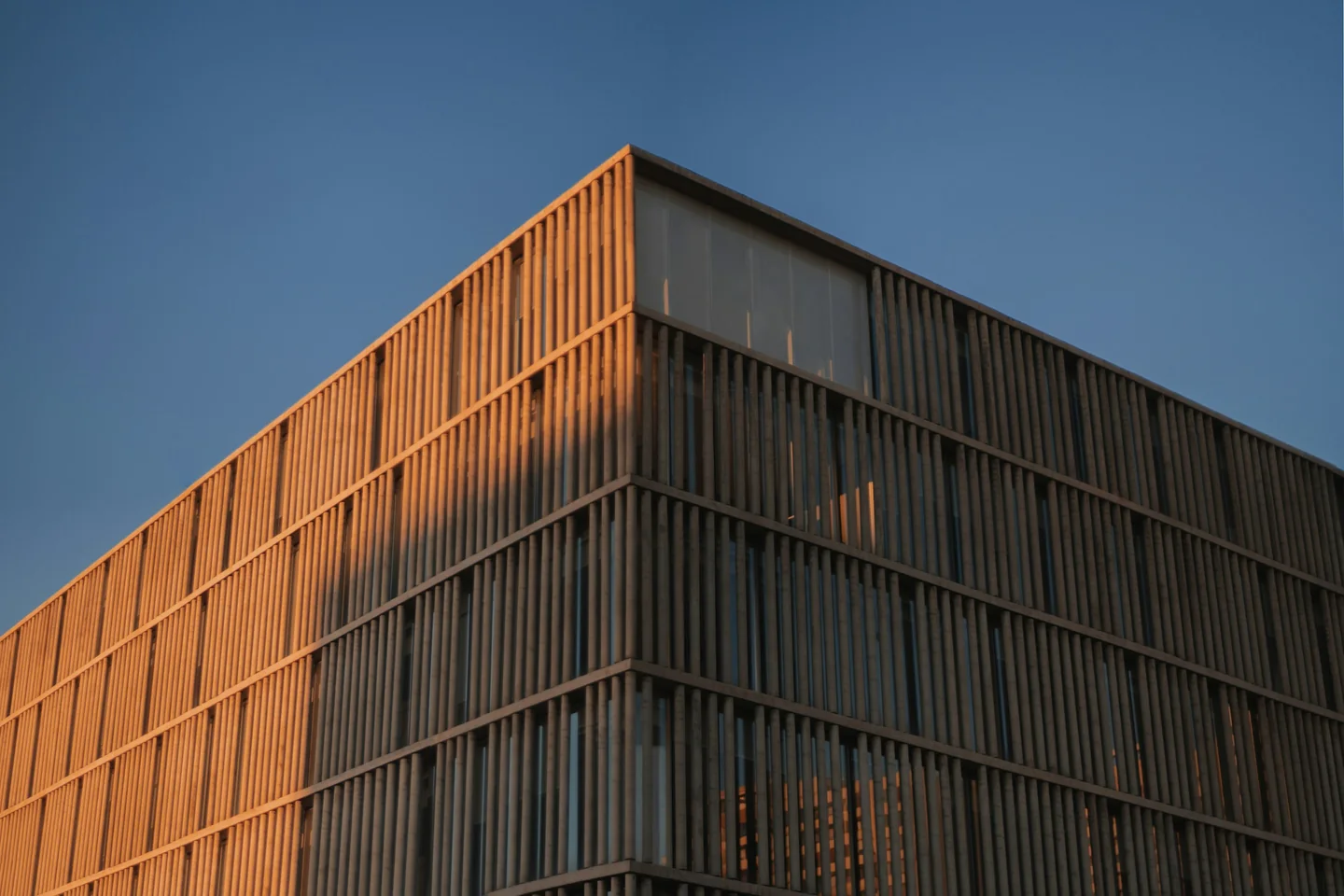 Moderne Unternehmensarchitektur im warmen Abendlicht