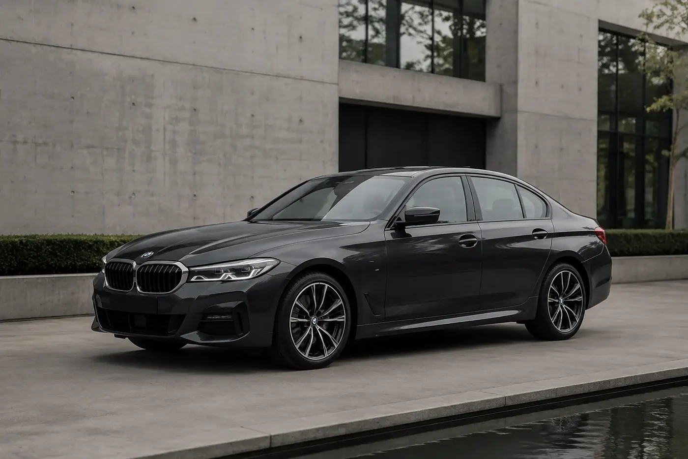 Grafitowe BMW przed salonem — ilustracja branży automotive